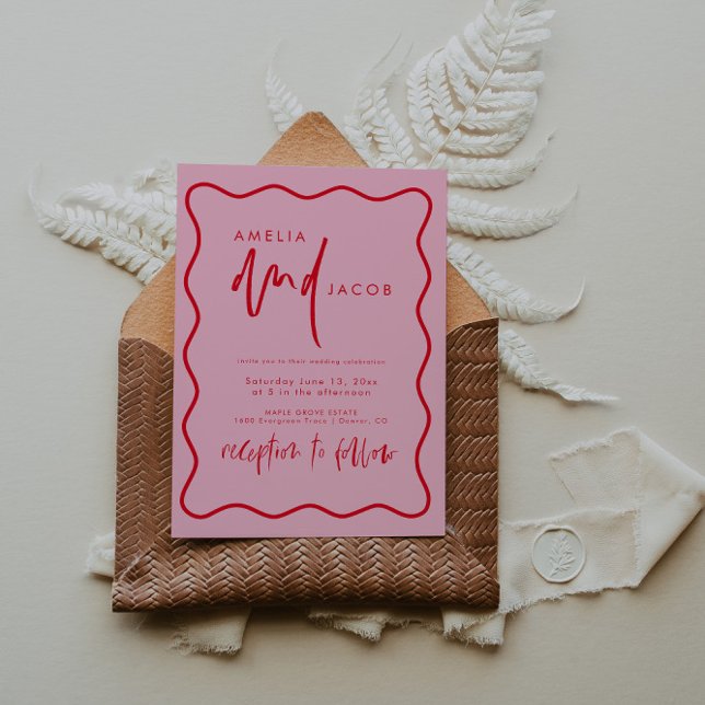 Invitación a la Boda Negra, Moderna, Roja Y Rosa (Subido por el creador)