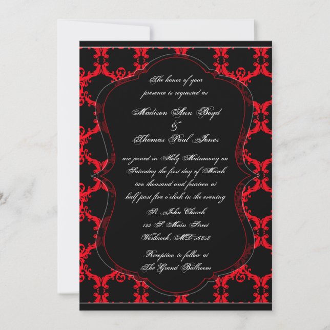 Invitación a la boda negra, roja y blanca (Anverso)