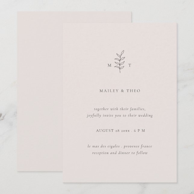 Invitación a la boda negra rosa de hojas minimalis (Anverso / Reverso)