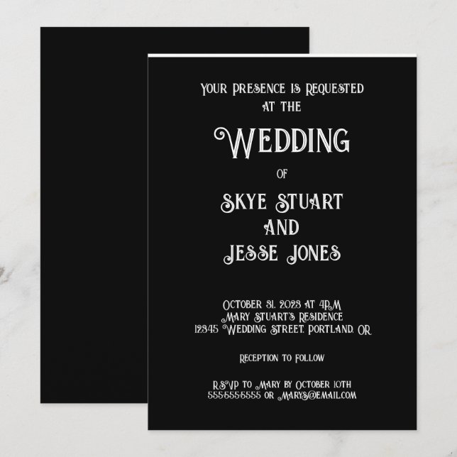 Invitación a la boda negra sólida (Anverso / Reverso)