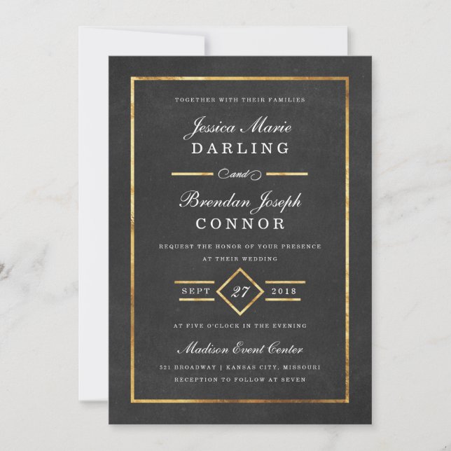 Invitación a la Boda Negra y al Oro de Arte Modern (Anverso)