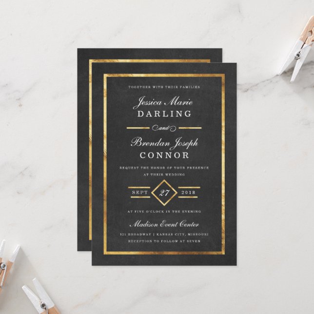 Invitación a la Boda Negra y al Oro de Arte Modern (Anverso/Reverso In Situ)