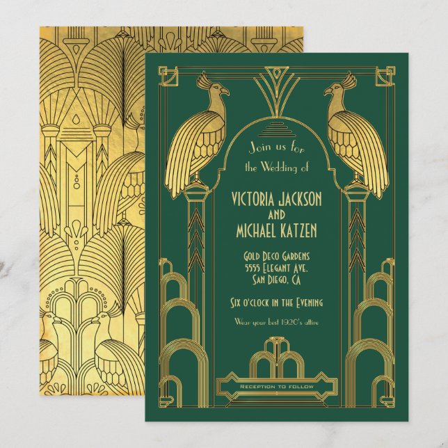 Invitación a la Boda Negra y Oro de Peacock Art De (Anverso / Reverso)