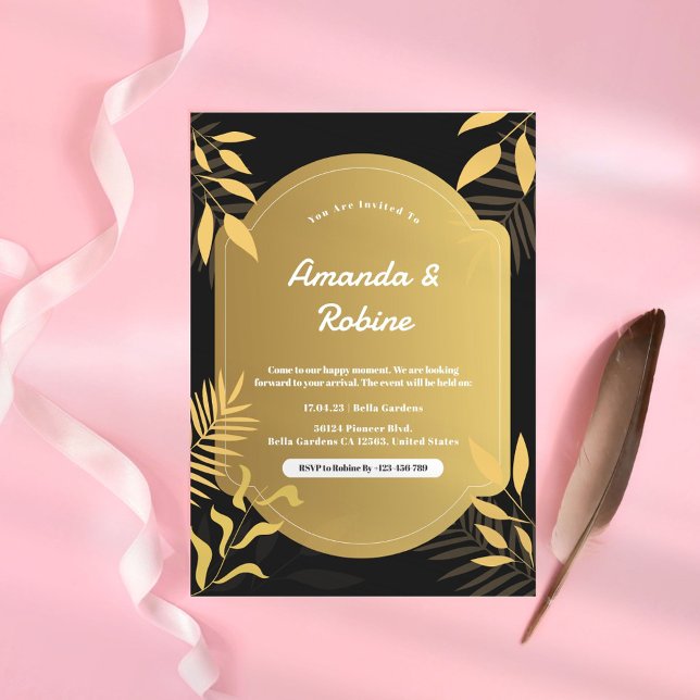 Invitación a la Boda Negra y Oro Tropical de Lujo (Subido por el creador)