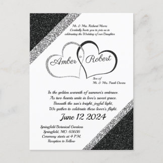 Invitación a la boda negra y plateada con poema de
