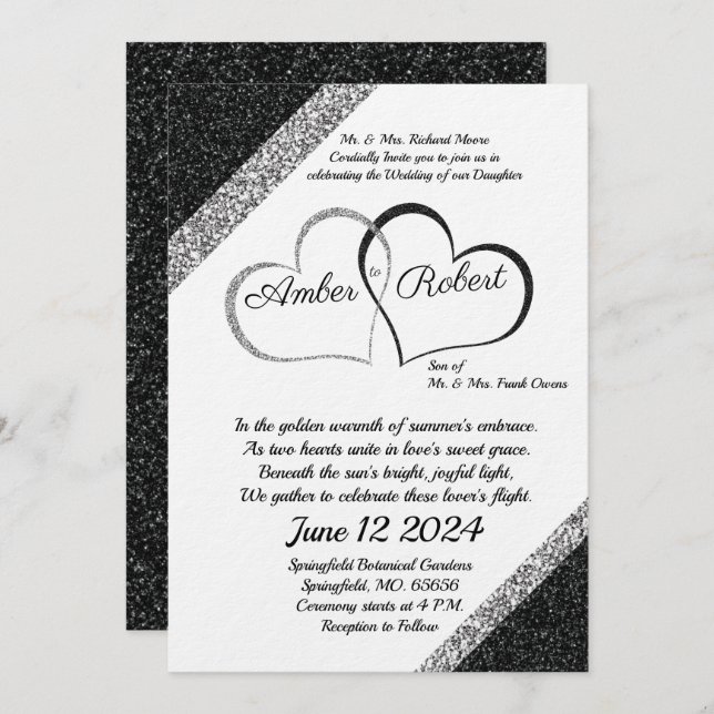 Invitación a la boda negra y plateada con poema de (Anverso / Reverso)
