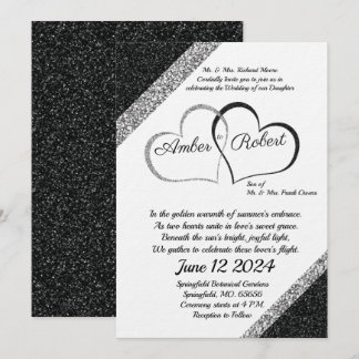Invitación a la boda negra y plateada con poema de