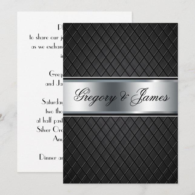 Invitación a la boda, negro elegante y plateado (Anverso / Reverso)