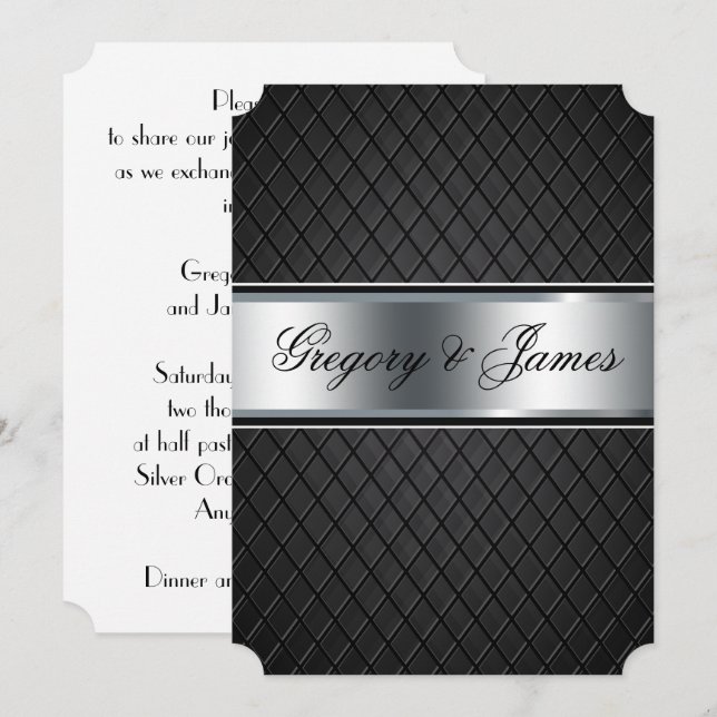 Invitación a la boda, negro elegante y plateado (Anverso / Reverso)