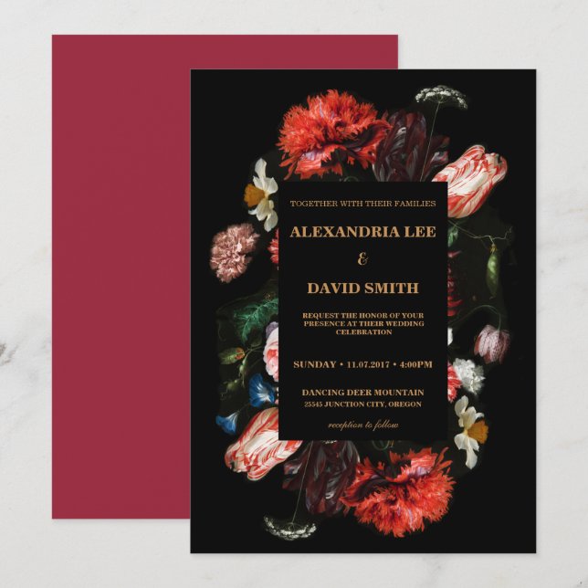 Invitación a la boda negro rojo oscuro floral (Anverso / Reverso)