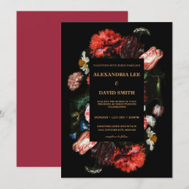 Invitación a la boda negro rojo oscuro floral