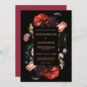 Invitación a la boda negro rojo oscuro floral