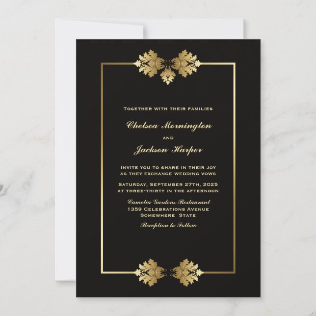 Invitación a la boda negro simple moderno con oro (Anverso)