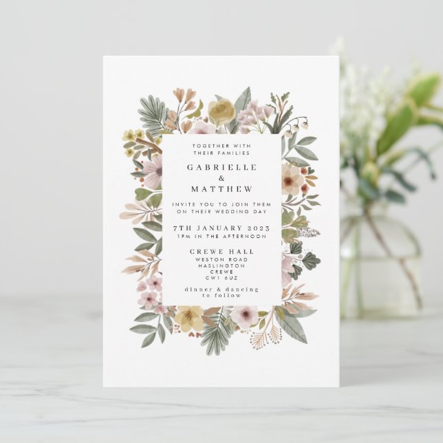 Invitación a la boda neutral de Boho Florals (Anverso de pie)