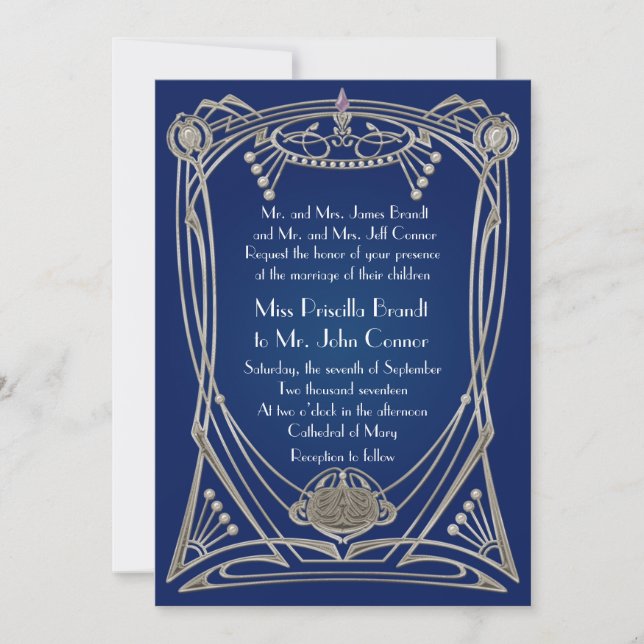 Invitación a la boda noche azul y plata (Anverso)