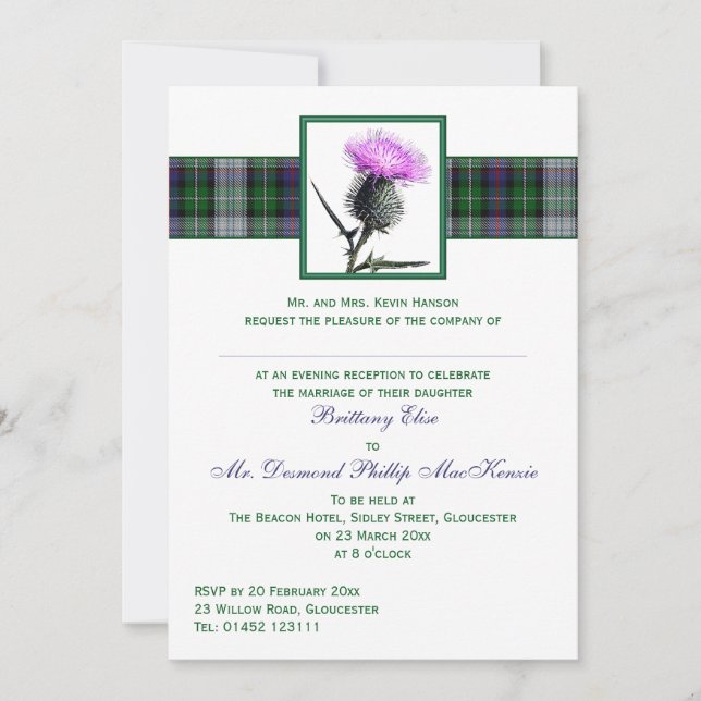 Invitación a la boda nocturna morada de Tartán Ver (Anverso)