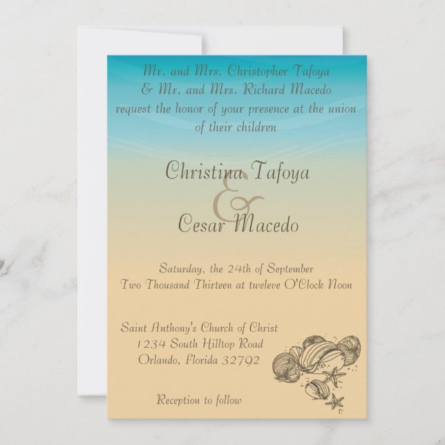 Invitación a la boda Ocean Beach Shore Seashells (Anverso)