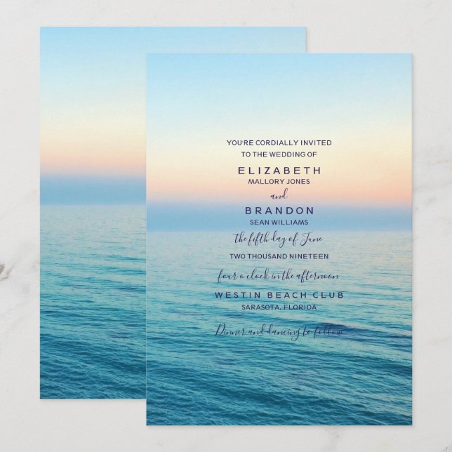 Invitación a la boda oceánica de Sunset Skies Beac (Anverso / Reverso)