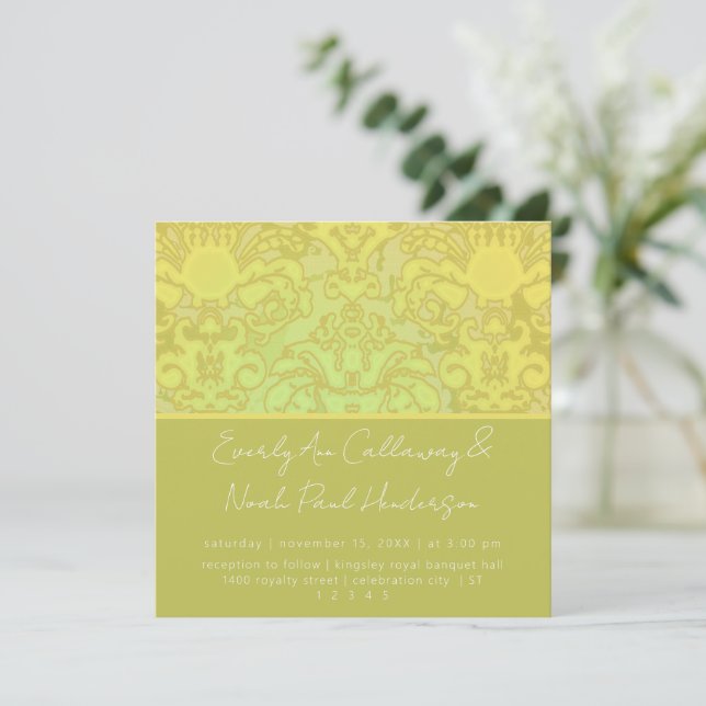 Invitación a la boda Olive & Gold Damask (Anverso de pie)