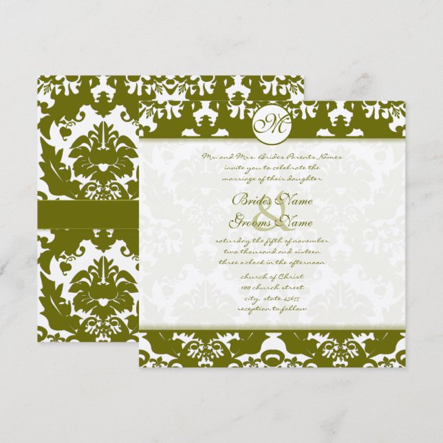 Invitación a la boda Olive Green Heart Damask (Anverso / Reverso)