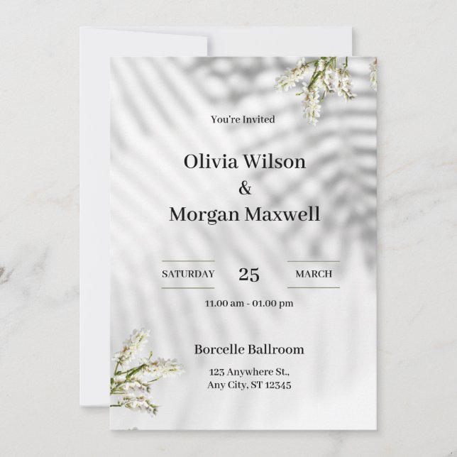 Invitación a la boda orgánica en blanco y negro (Anverso)