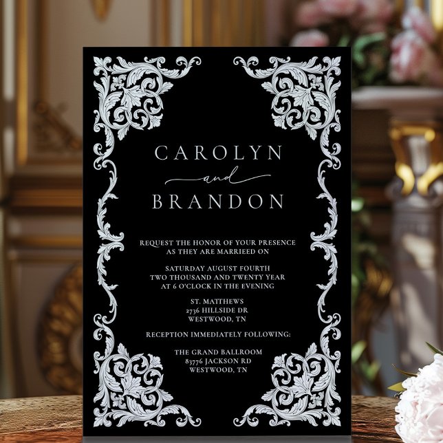 Invitación a la boda organizada elegante en blanco (Ornate black and white vintage frame wedding invitation)