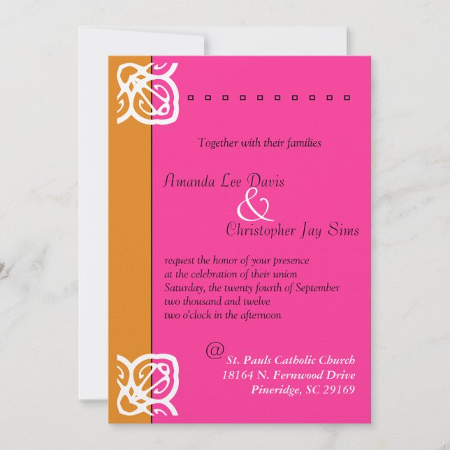 Invitación a la boda ornamental Naranja y rosa (Anverso)