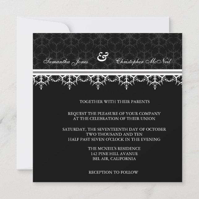 Invitación a la boda ornamental negra (Anverso)