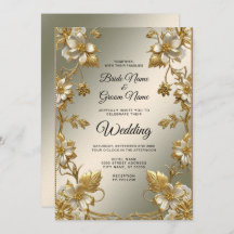 Invitación a la Boda Ornate de Oro Floral Blanca
