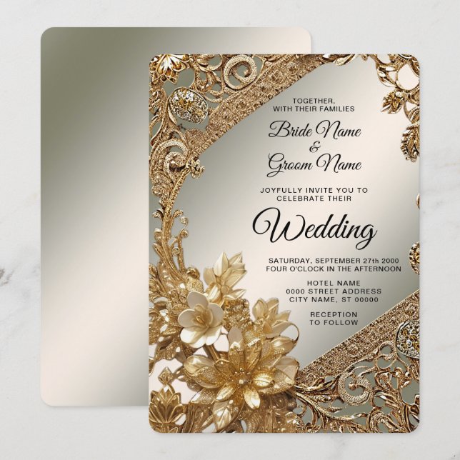 Invitación a la Boda Ornate de Oro Moderno (Anverso / Reverso)