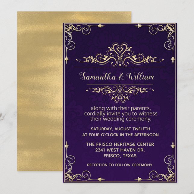 Invitación a la Boda Ornate Púrpura y Oro (Anverso / Reverso)