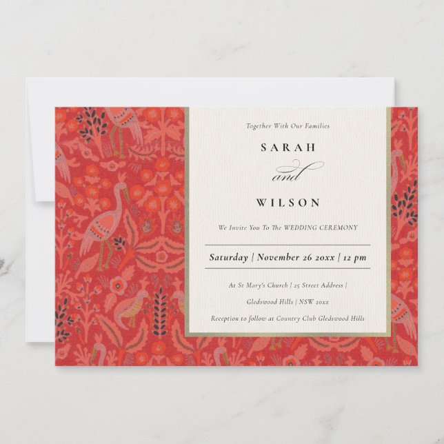 Invitación a la Boda Ornate Red Classy Floral Peac (Anverso)