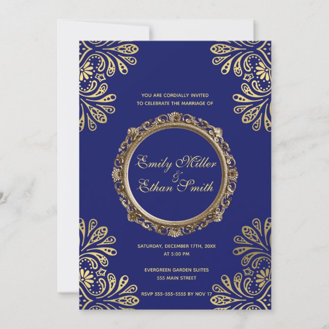 Invitación a la boda Oro Azul Abstracto Floral (Anverso)