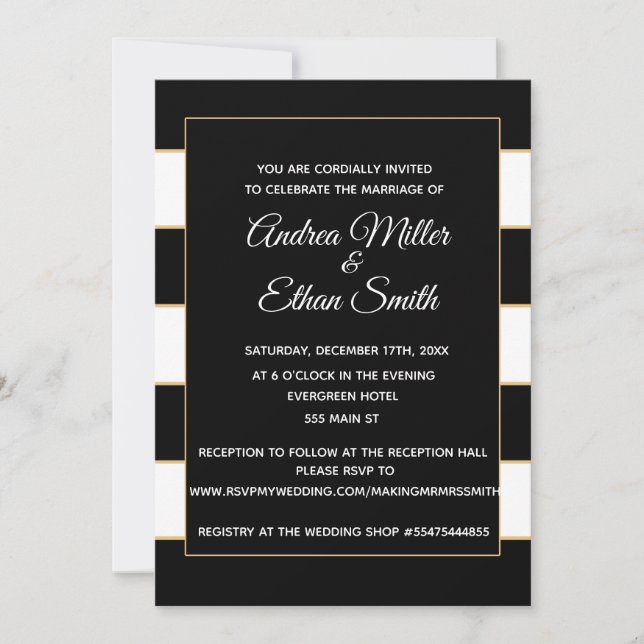 Invitación a la boda Oro blanco negro rayado (Anverso)