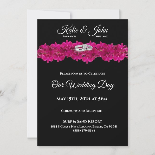 Invitación a la boda-orquídeas de Fuchsia en negro (Anverso)