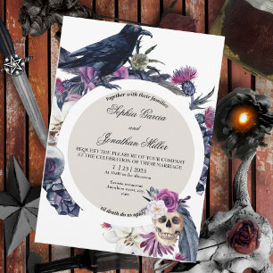 Invitación a la boda oscura morada y morada en Moo