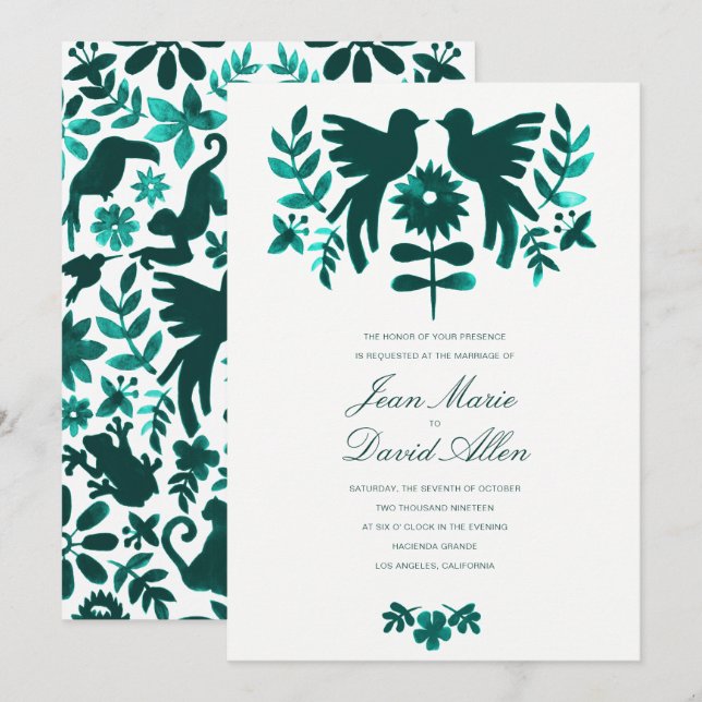 Invitación a la boda otomí mexicana - Verde azulad (Anverso / Reverso)