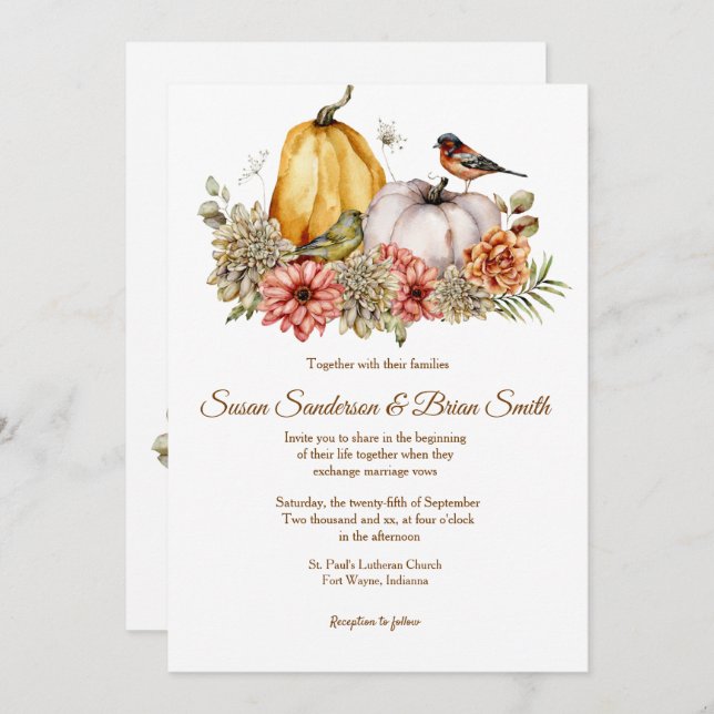 Invitación a la boda otoñal de calabazas y florals (Anverso / Reverso)
