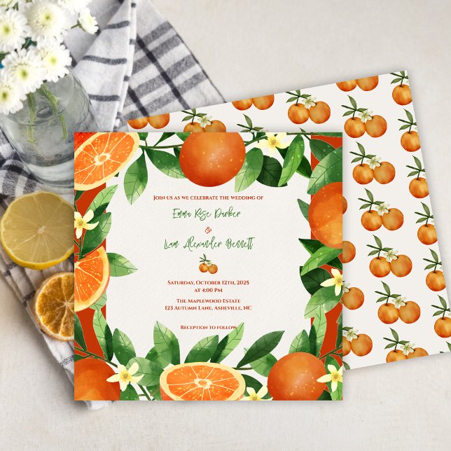 Invitación a la boda otoñal del Naranja ruso Citru (Rustic Orange Citrus Autumn Wedding Invitation)