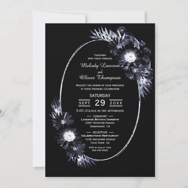 Invitación a la boda ovalada floral negra (Anverso)