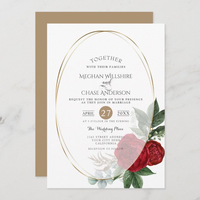 Invitación a la boda | Óvalo floral Scarlet Peony (Anverso / Reverso)