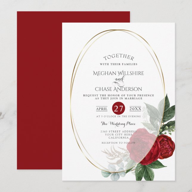 Invitación a la boda | Óvalo floral Scarlet Peony (Anverso / Reverso)
