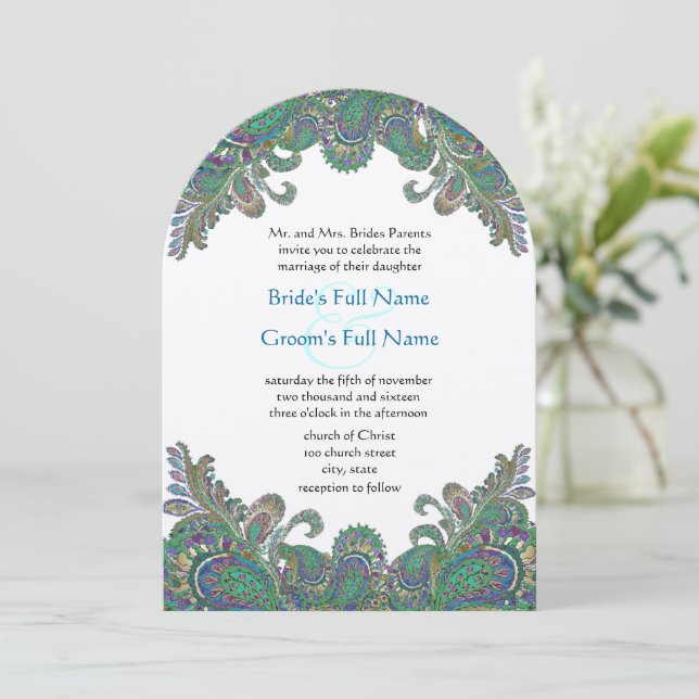 Invitación a la boda Paisley Peacock Colours (Anverso de pie)