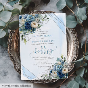 Invitación a la boda para Rosas de plata azul y po
