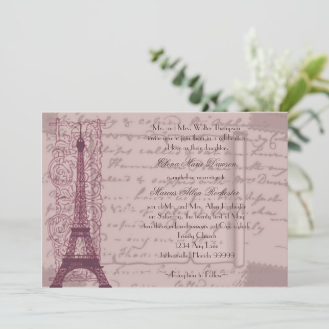 Invitación a la boda parisina rosada (Anverso de pie)