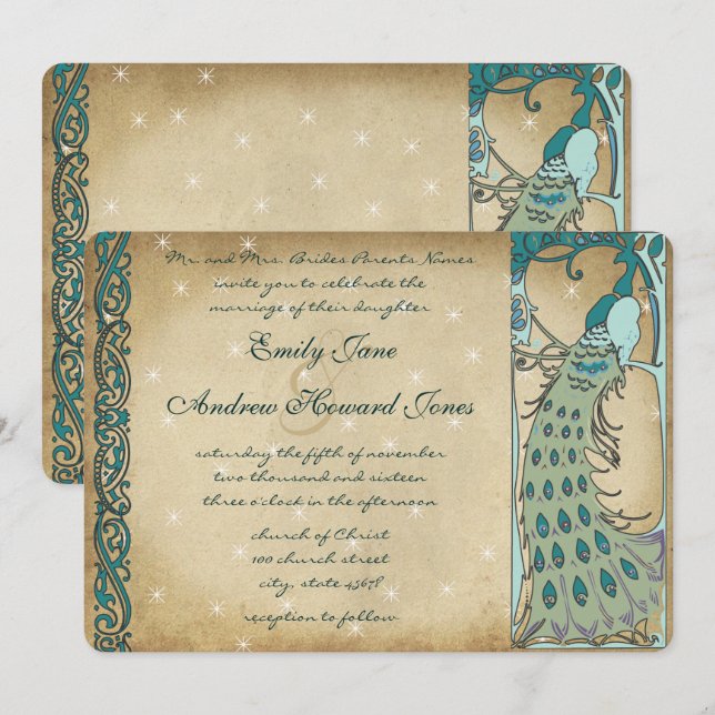 Invitación a la Boda Peacock de hadas de oro (Anverso / Reverso)