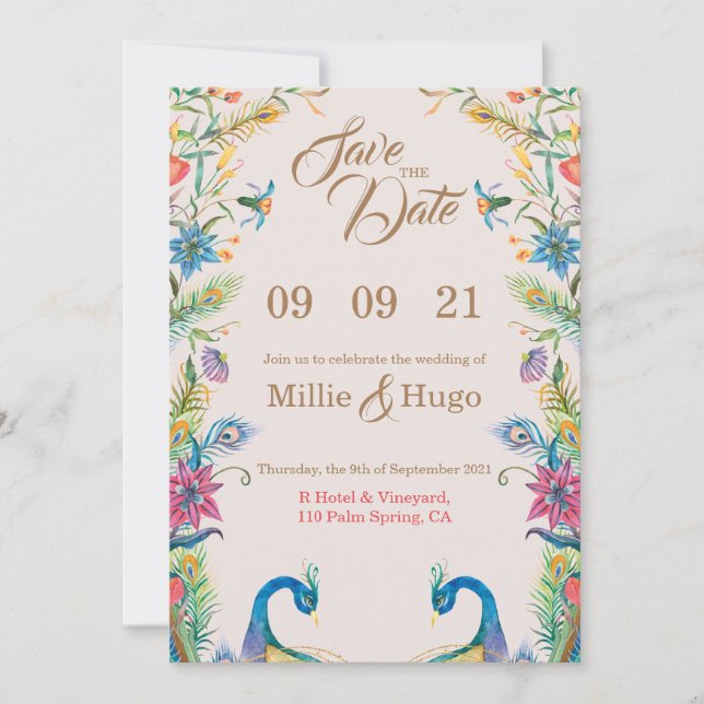 Invitación a la boda Peacock Them (Anverso)
