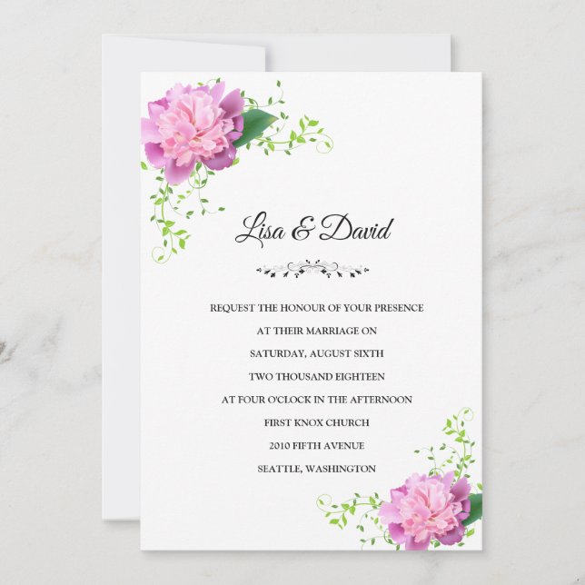Invitación a la boda-Peonies rosados (Anverso)