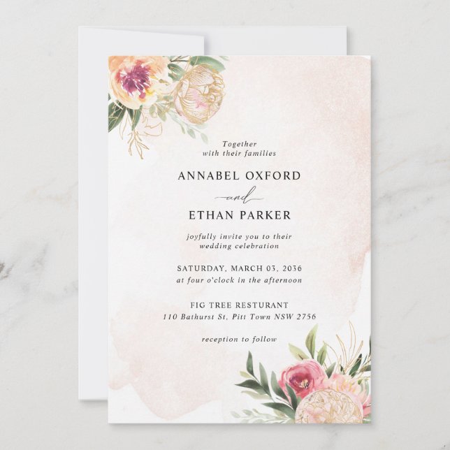 Invitación a la boda Peony y Gold Flowers (Anverso)
