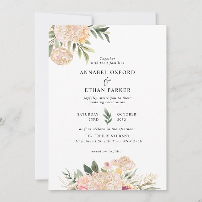 Invitación a la boda Peony y Gold Flowers (Anverso)